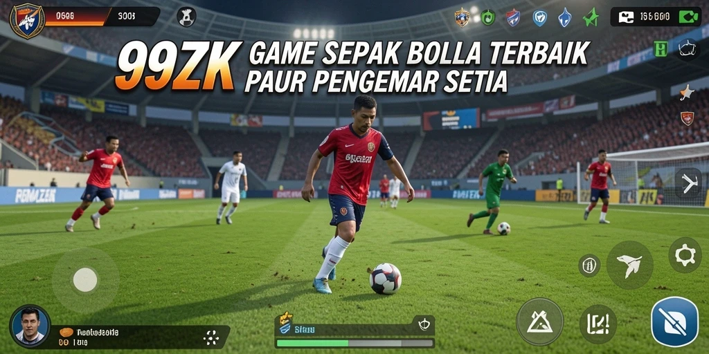 Tangkapan layar gameplay 99ZK menampilkan aksi seru di lapangan sepak bola.