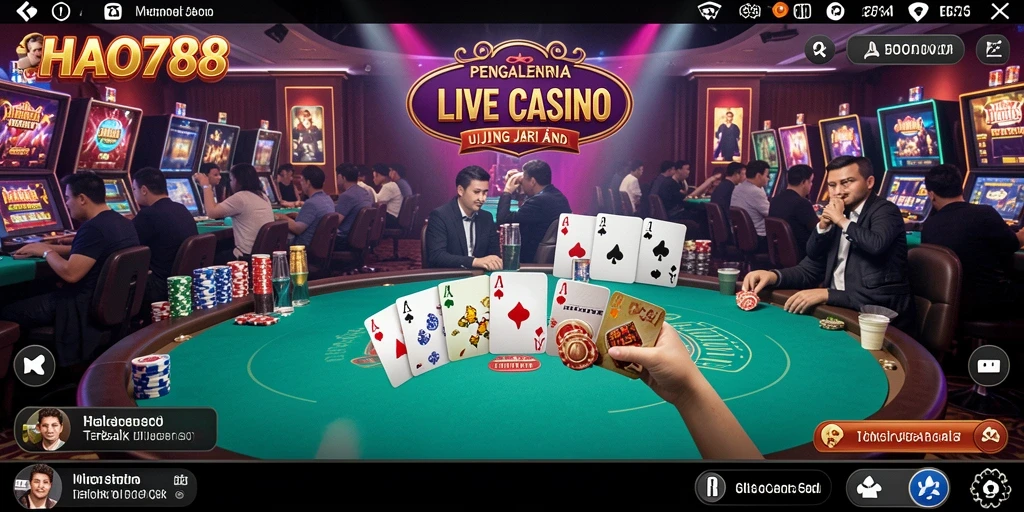 Tampilan gameplay HAO788 yang menengah dengan dealer langsung dan suasana kasino.
