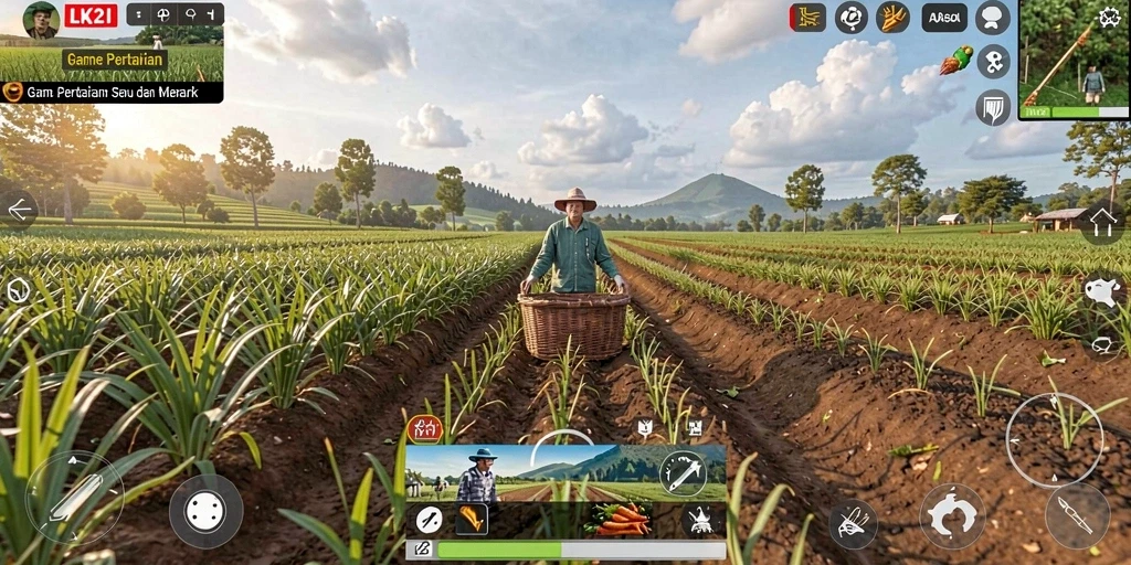 Screenshot dari gameplay LK21 yang menunjukkan kebun yang subur.