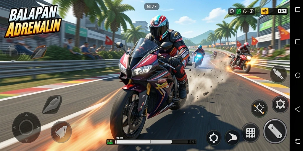 Screenshot gameplay MT777 menampilkan balapan motor yang mendebarkan di lintasan menantang.