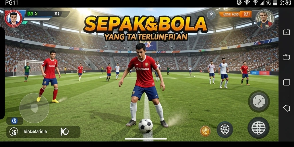 Screenshot gameplay PG11 menampilkan aksi seru di lapangan sepak bola.