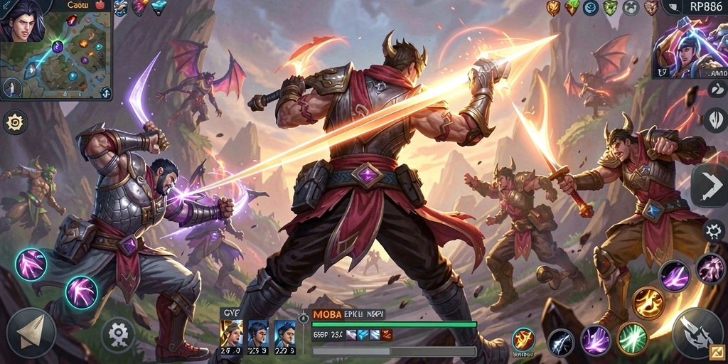 Tangkapan layar gameplay seru dalam RP886 yang menampilkan aksi tim MOBA.