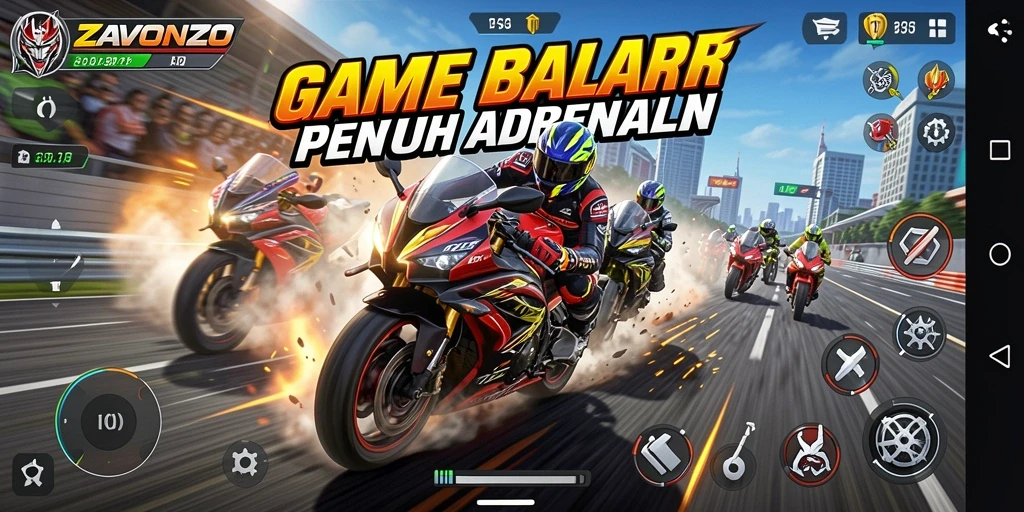Screenshot gameplay balap motor ZAVONZO yang mendebarkan.
